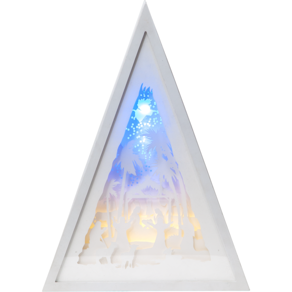 Trójkątna biała dekoracja stołowa LED – szopka bożonarodzeniowa z ażurową, warstwową sceną, świecąca ciepłym i chłodnym światłem; widok frontowy na jednolitym tle, wyraźne detale motywu.