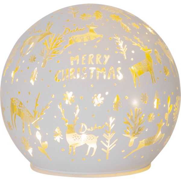 Dekoracja LED – biała kula z delikatnym, ciepłym światłem, złote wzory jeleni, drzew i śnieżynek oraz napis „Merry Christmas”; elegancki detal świątecznej dekoracji.