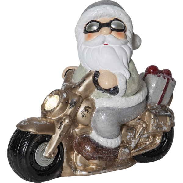 Figurka Mikołaja na motocyklu w złotym kolorze, dekoracja świąteczna LED z prezentem z tyłu, widok produktu na białym tle.