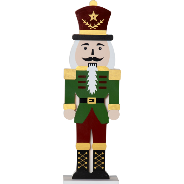 Drewniany dziadek do orzechów w zielono-czerwonym stroju na białej podstawie, pokazany na białym tle. Wyraźne detale i prosta forma podkreślają elegancki, dekoracyjny charakter.