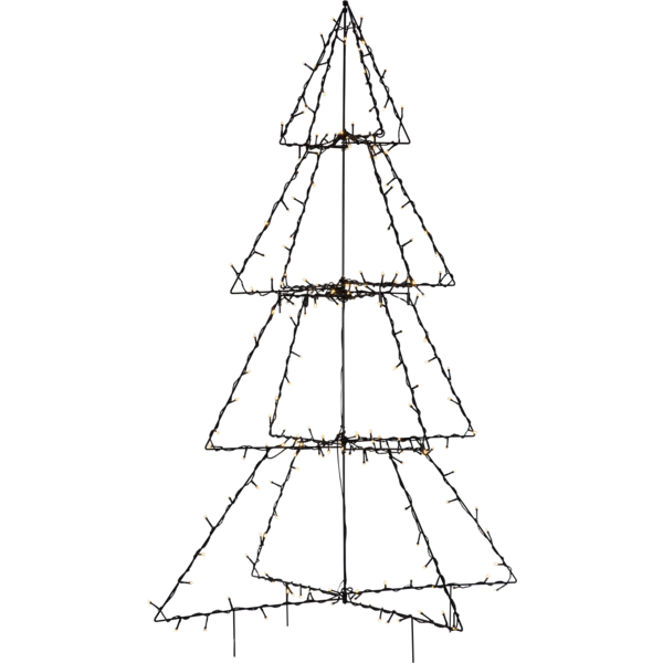 Choinka LED na metalowym stelażu na białym tle, dekoracja świetlna do ogrodu i przed dom, z delikatnym, ciepłym światłem podkreślającym formę nowoczesnej choinki świątecznej.