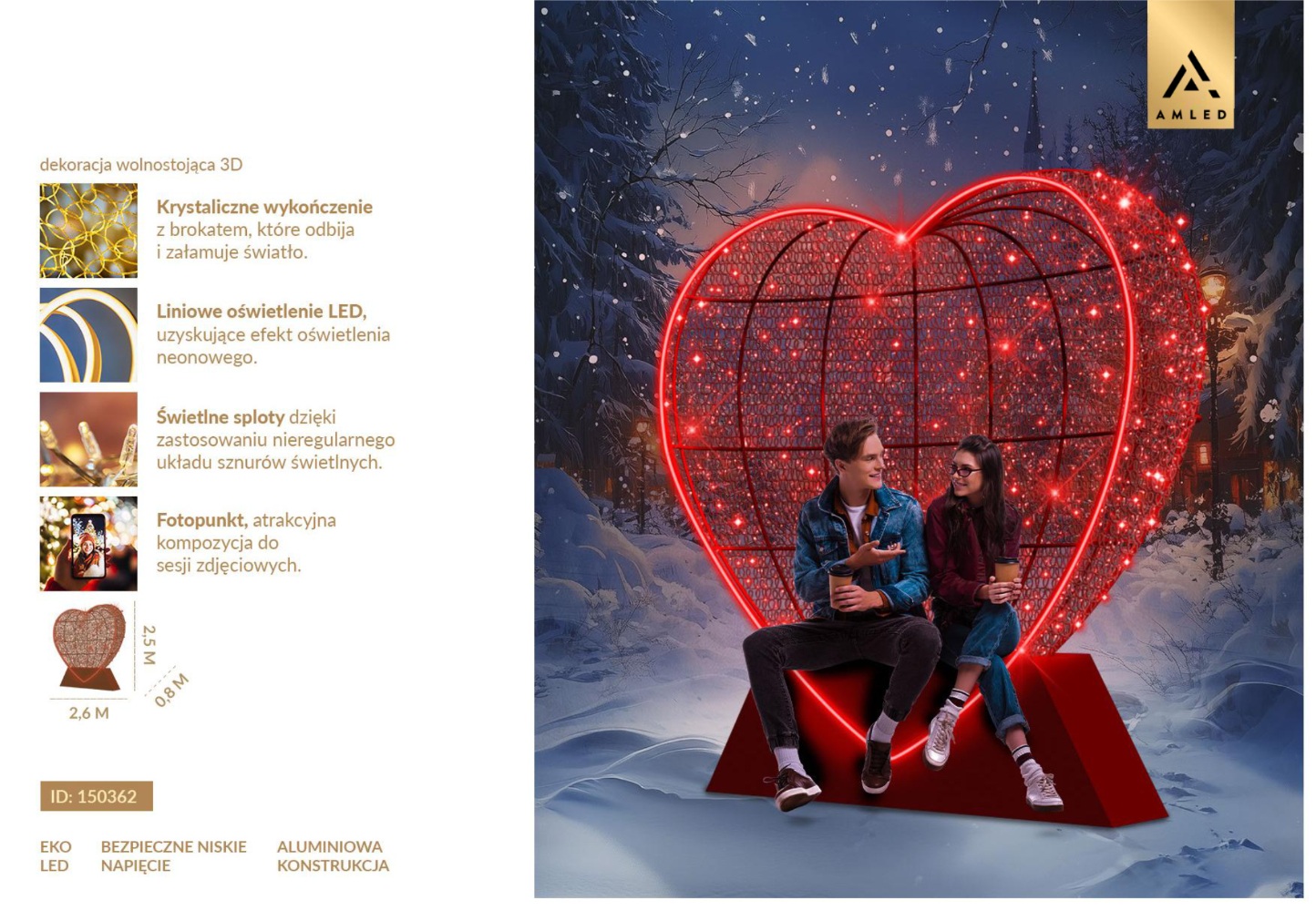 Infografika dekoracji Serce z siedziskiem 3D LED – wizualizacja z opisem cech: liniowe oświetlenie LED, efekt neonowego światła, wolnostojąca konstrukcja i przeznaczenie jako fotopunkt.