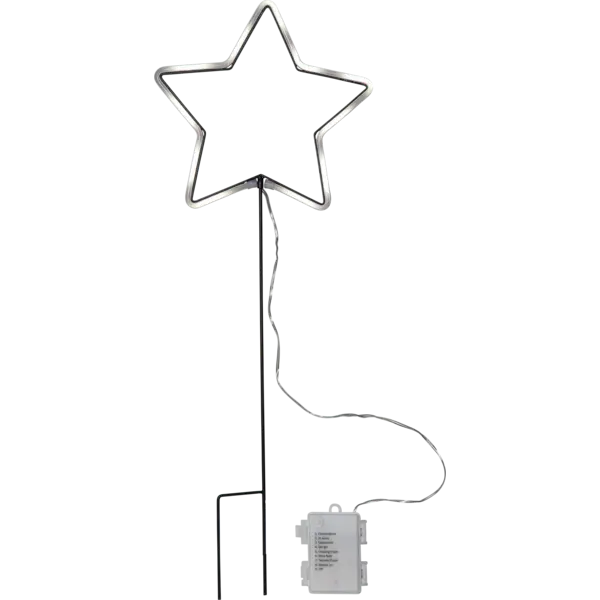 Gwiazda neon LED świecąca jasnym światłem LED na metalowym stelażu, prezentacja produktu na białym tle, widoczny przewód oraz pojemnik na baterie, dekoracja LED do wnętrz i zastosowań zewnętrznych.