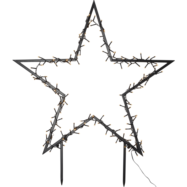 Gwiazda LED na czarnej metalowej ramie z drobnymi punktami świetlnymi; widoczne dwa metalowe pręty u dołu konstrukcji oraz przewód zasilający, białe tło.