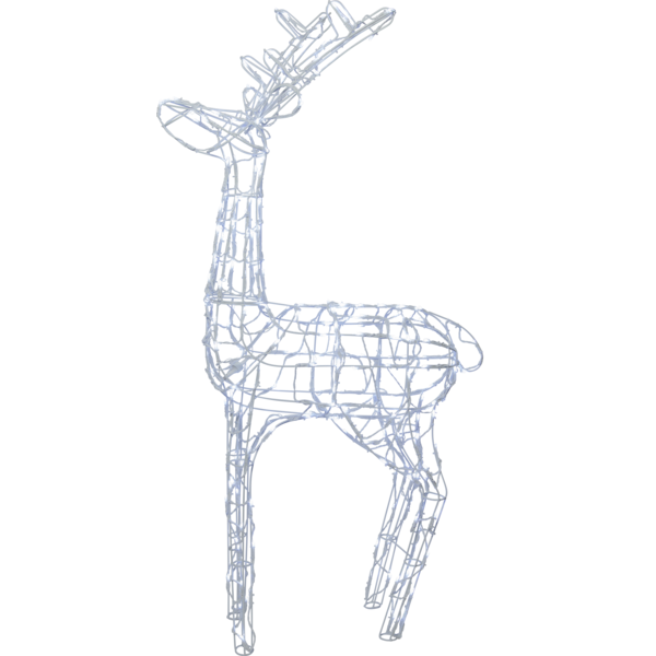 Dekoracja świetlna w kształcie renifera z białym światłem, ażurowa forma, widok boczny na jednolitym tle.