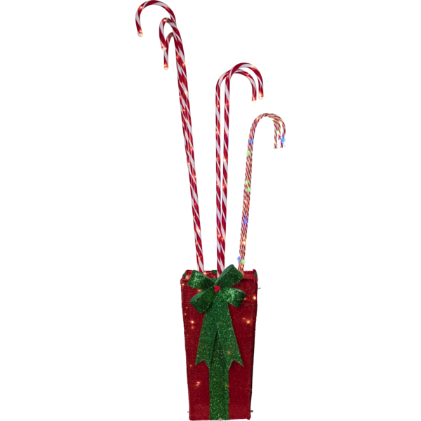 Podświetlana dekoracja świąteczna LED – czerwono-białe laski cukrowe o różnych wysokościach, umieszczone w dekoracyjnej podstawie stylizowanej na prezent z zieloną kokardą, widok produktu na białym tle.