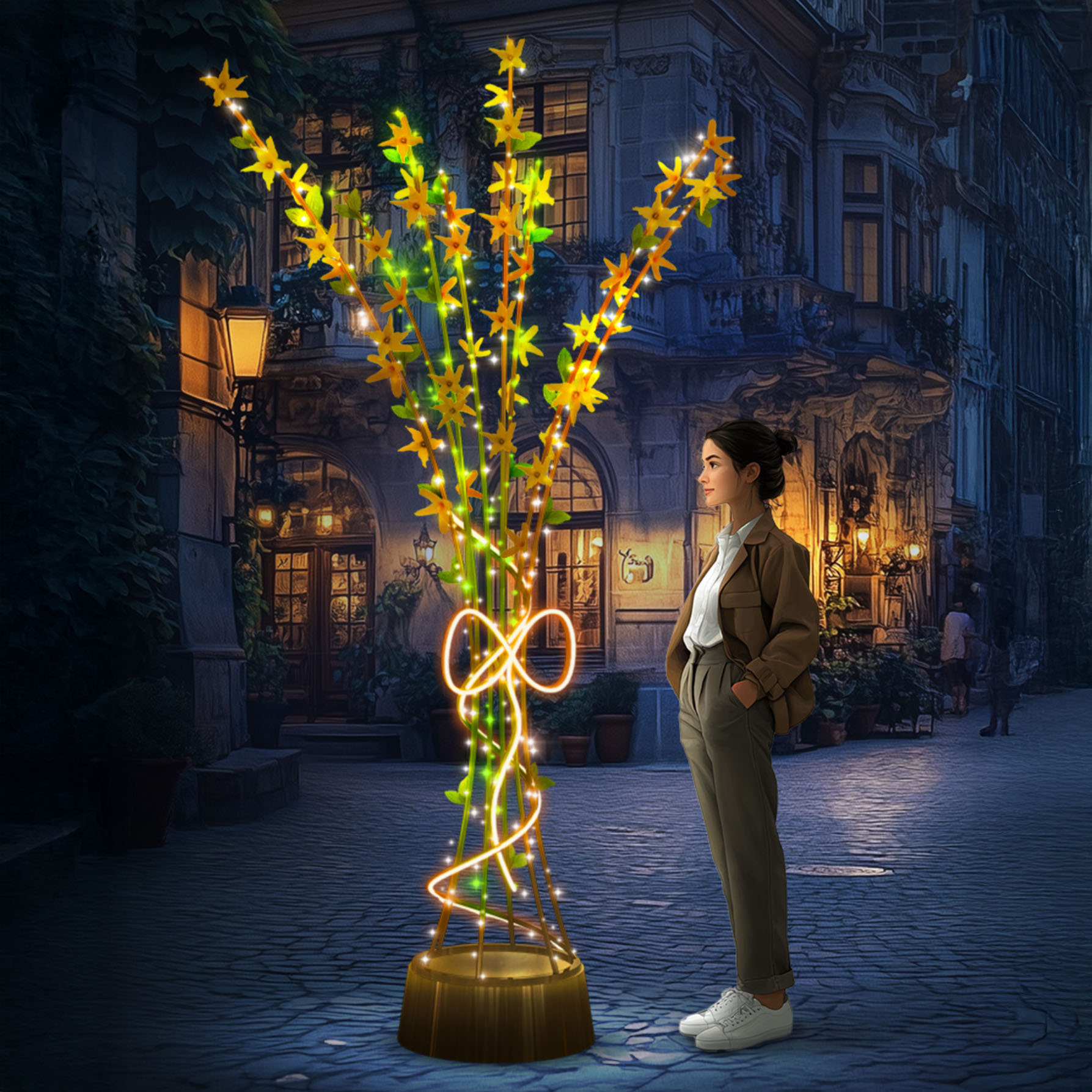 Bukiet forsycji 3D LED – dekoracja wolnostojąca w formie świetlnego bukietu z żółtymi kwiatami i zielonymi pędami, ustawiona na postumencie w miejskiej scenerii nocnej, tworząca ciepły, wiosenny klimat.