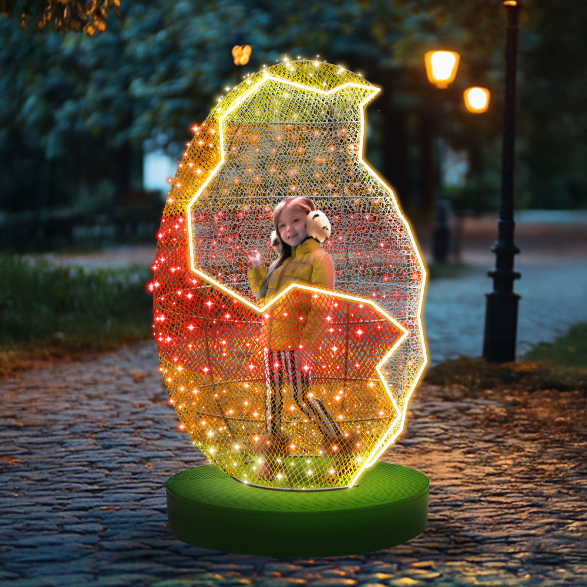 Infografika dekoracji wolnostojącej Kurczak 3D LED o wymiarach 2,1 m wysokości i 1,2 m szerokości, liniowe oświetlenie LED, elastyczne wykończenie w technologii druku 3D, świetlne sploty, bezpieczne niskie napięcie.