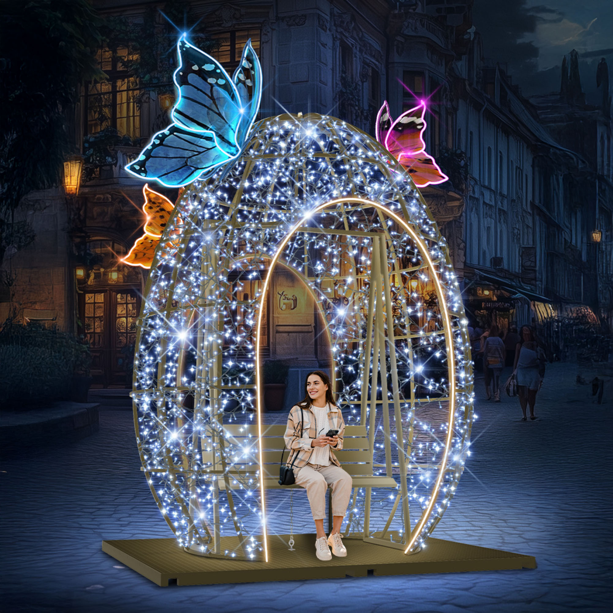 Przestrzenna dekoracja wielkanocna Jajko 3D LED z podświetlanymi motylami i ławką w środku, iluminacja świetlna do miasta i galerii handlowych, konstrukcja wolnostojąca z efektem neonowego oświetlenia.