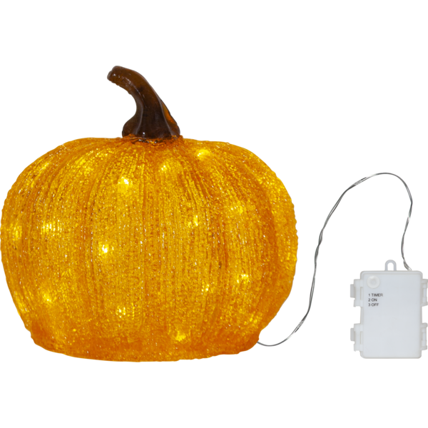 Dekoracja LED w kształcie dyni w kolorze pomarańczowym z widocznym przewodem zasilającym na białym tle ciepłe światło równomiernie rozświetla formę i podkreśla dekoracyjny charakter ozdoby.