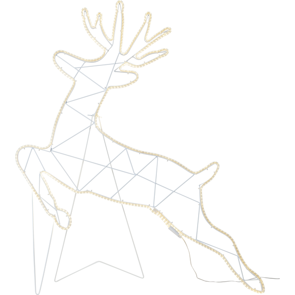 Dekoracja LED w kształcie renifera zaprezentowana na jasnym tle z widoczną metalową konstrukcją i przewodem zasilającym delikatne światło eksponuje formę dekoracji.