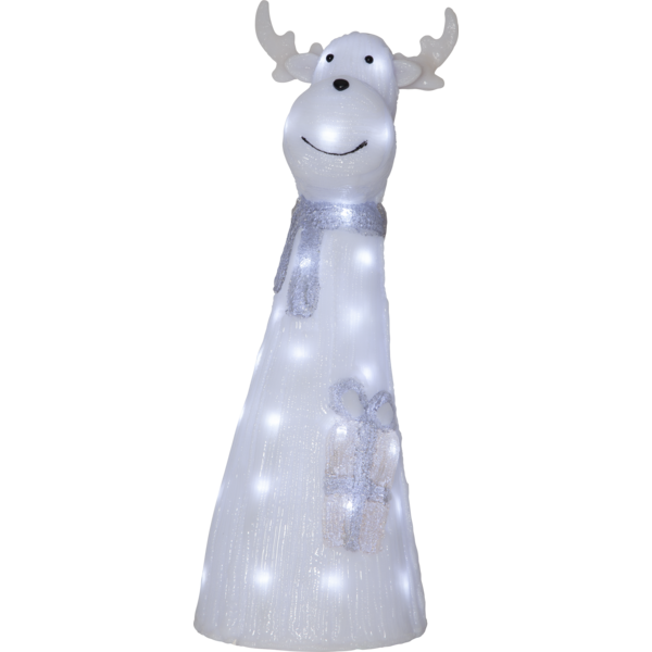 Biała figurka LED renifera na jednolitym tle, smukła forma z widocznym białym światłem LED, dekoracja świąteczna do aranżacji wnętrz.