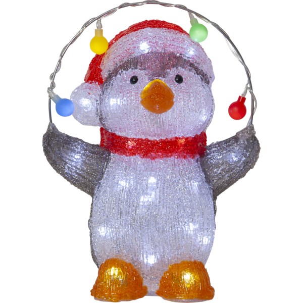 Dekoracja LED w kształcie pingwina w czerwonej czapce, trzymającego girlandę z kolorowymi lampkami, zaprezentowana na jednolitym tle jako zdjęcie produktowe.