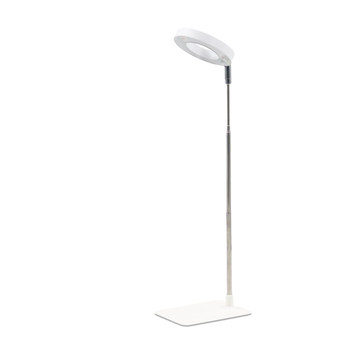 Lampa LED VERDI V2 5W na podstawie, widok produktu bez doniczki. Teleskopowa konstrukcja, regulowany panel LED i minimalistyczny biały design do domowych upraw roślin.