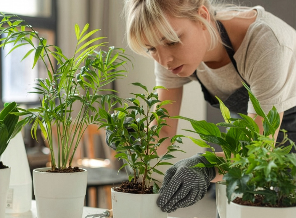 Lampa LED do doświetlania roślin BLOOM 12W w użyciu, kobieta pielęgnująca rośliny doniczkowe pod sztucznym światłem wspomagającym wzrost w domowym wnętrzu.