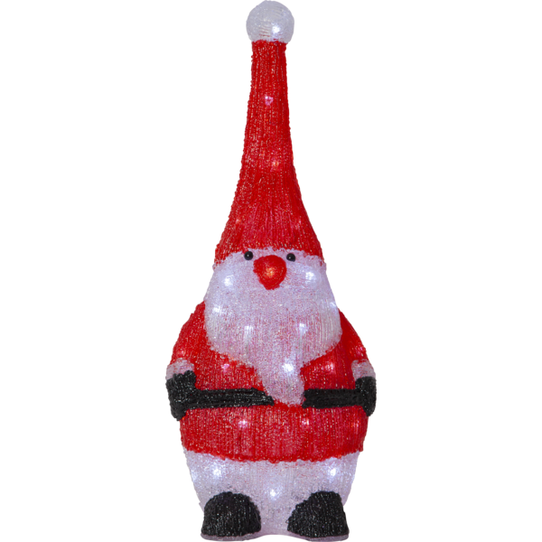 Figurka Mikołaja LED na jednolitym tle, z białą brodą oraz czerwonym strojem i czapką, subtelnie oświetlona białym światłem.