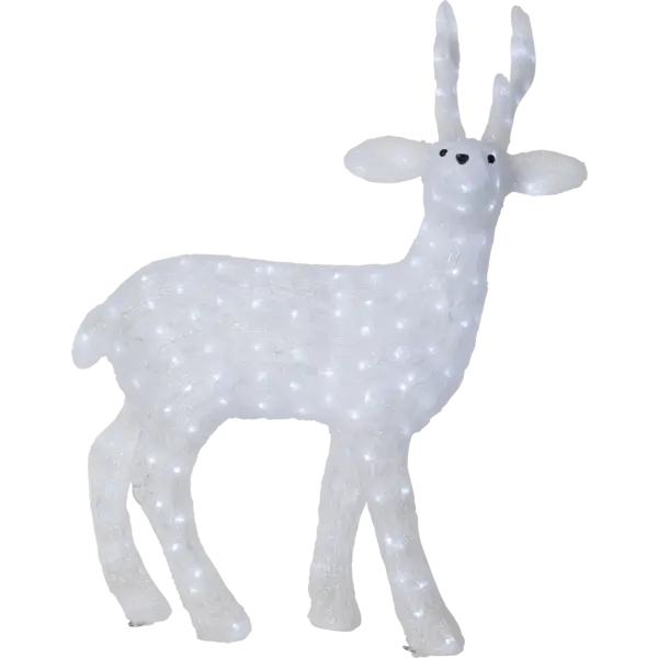 Podświetlana figurka renifera LED w kolorze białym, pokazana na białym tle. Widoczne poroże i stojąca sylwetka dekoracji.