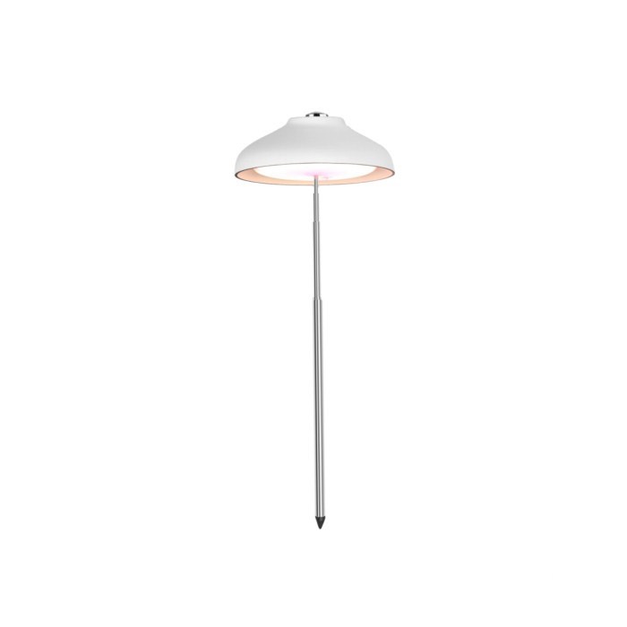 Teleskopowa lampa LED do doświetlania roślin, biała oprawa z kloszem i metalowym trzpieniem do wbicia w podłoże. Regulowana wysokość, minimalistyczna forma.