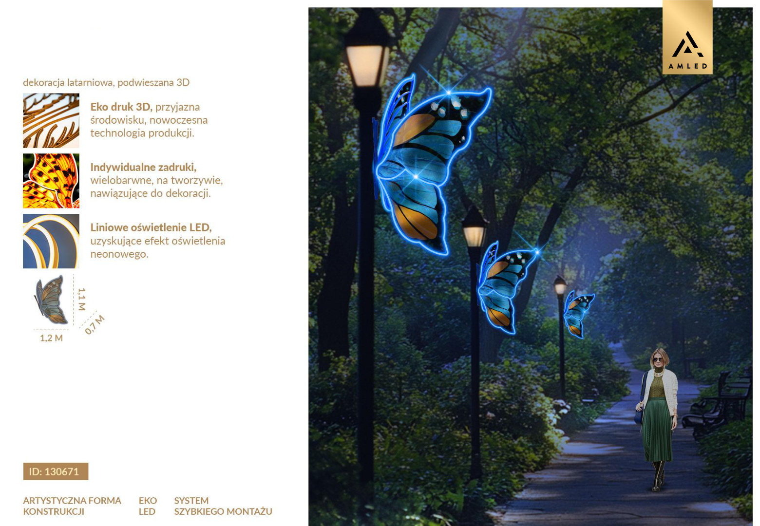 Iluminacja latarniowa motyl LED – dekoracja uliczna montowana na słupie oświetleniowym, motyl z niebieskim konturem LED i wielobarwnym skrzydłem, ozdoba świetlna do parków, ogrodów miejskich i deptaków. ID 130671.