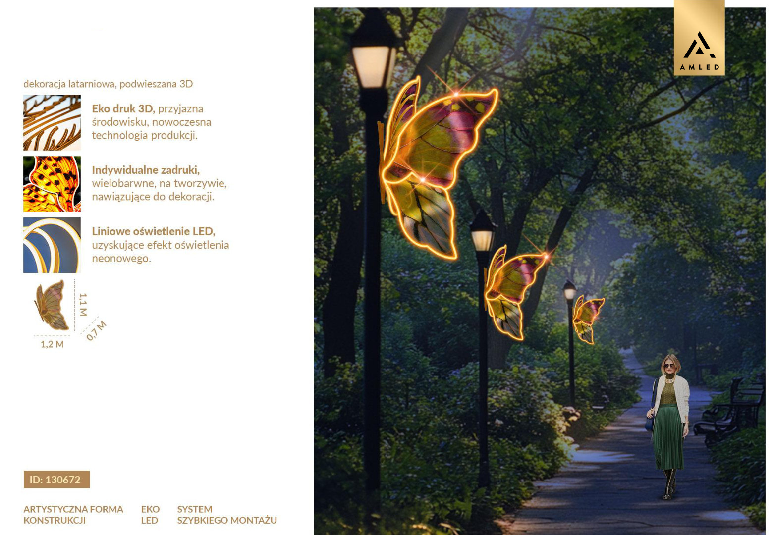 Iluminacja latarniowa motyl LED – dekoracja uliczna montowana na słupie oświetleniowym, motyl z żółtym konturem LED i wielobarwnym skrzydłem, ozdoba świetlna do parków, ogrodów miejskich i deptaków. ID 130672.