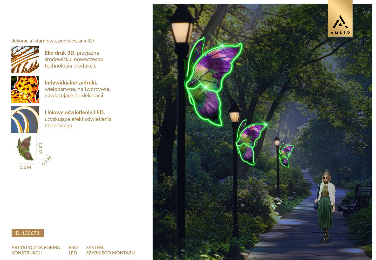 Iluminacja latarniowa motyl LED – dekoracja uliczna montowana na słupie oświetleniowym, motyl z zielonym konturem LED i wielobarwnym skrzydłem, ozdoba świetlna do parków, ogrodów miejskich i deptaków. ID 130673.