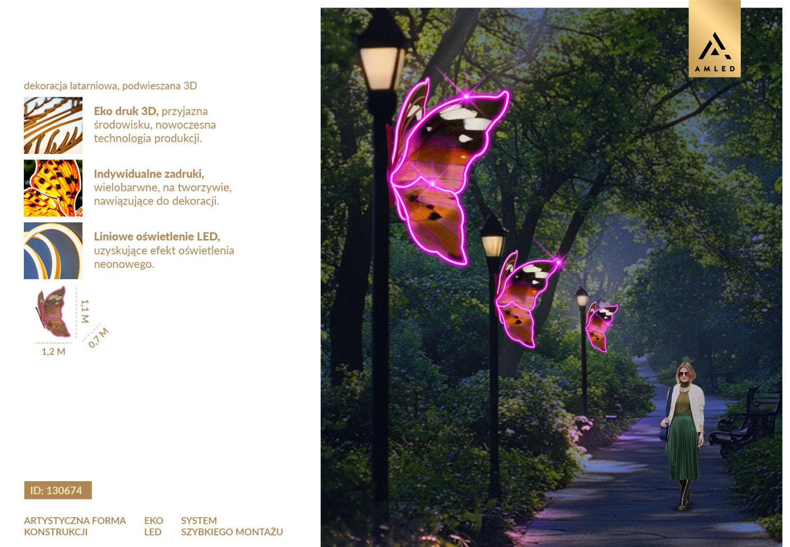Iluminacja latarniowa motyl LED – dekoracja uliczna montowana na słupie oświetleniowym, motyl z niebieskim konturem LED i wielobarwnym skrzydłem, ozdoba świetlna do parków, ogrodów miejskich i deptaków. ID 130674.