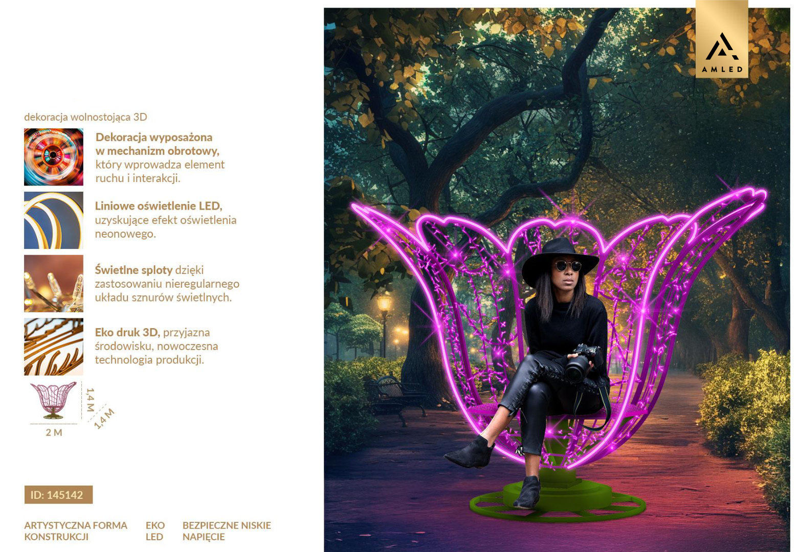 Karta produktowa dekoracji świetlnej 3D w formie świecącego siedziska z motywem skrzydeł, z opisem funkcji i parametrów, ID 145142.