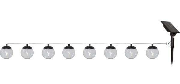 Girlanda solarna LED z 8 przezroczystymi kulami na czarnym przewodzie, widok produktu na czarnym tle z panelem solarnym.