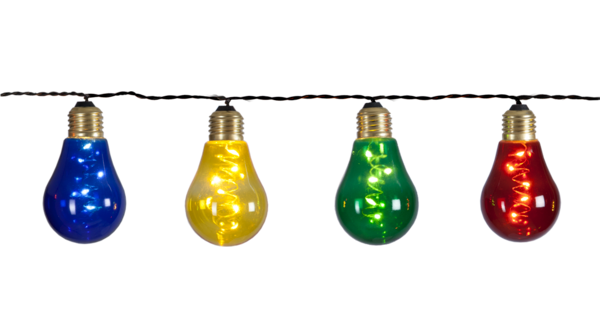 Girlanda solarna LED z kolorowymi żarówkami w odcieniach niebieskim, żółtym, zielonym i czerwonym. Każda żarówka zawiera mikro diody LED typu Dew Drop i jest połączona czarnym przewodem.