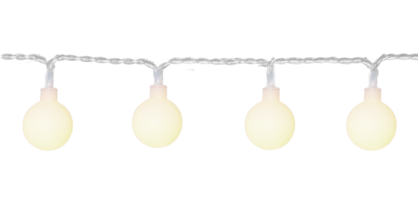Fragment łańcucha LED z mlecznymi kulkami równomiernie rozmieszczonymi na przezroczystym przewodzie, produkt pokazany na czarnym tle.