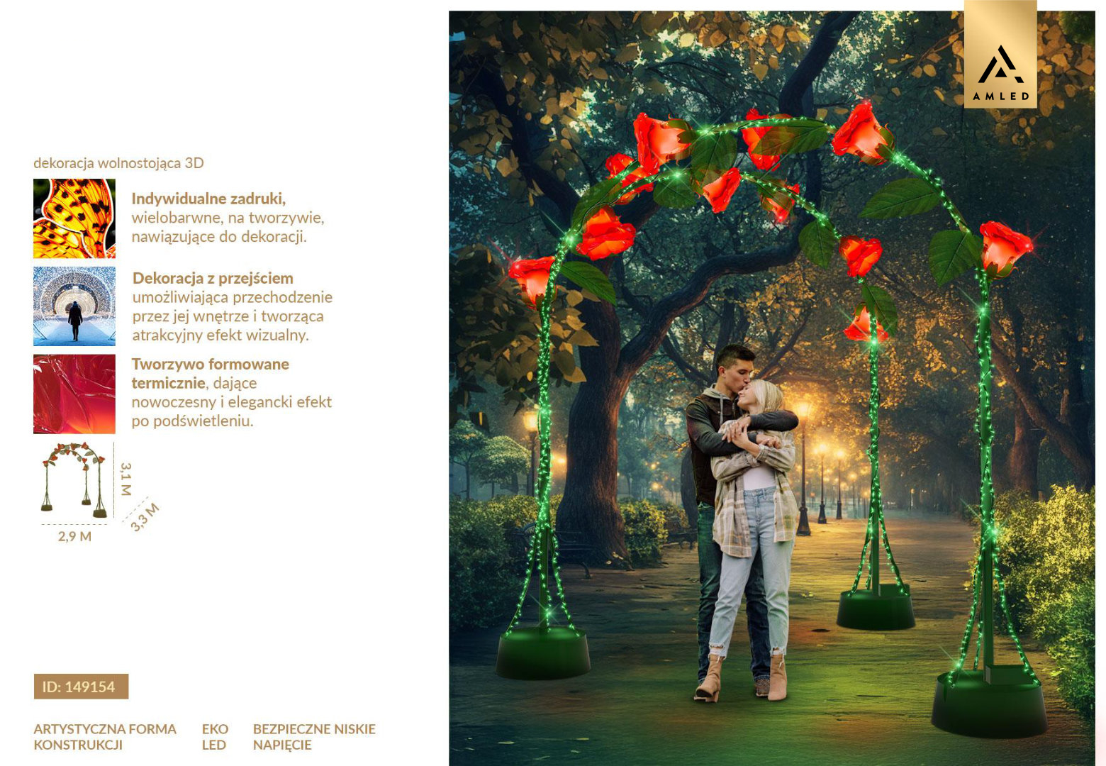 Brama różana LED fotopunkt w formie świetlnego łuku z czerwonymi kwiatami i zielonymi łodygami, dekoracja parkowa do zdjęć ustawiona przy alejce, tworząca romantyczny klimat i przyciągająca uwagę intensywnym światłem. ID 149154.