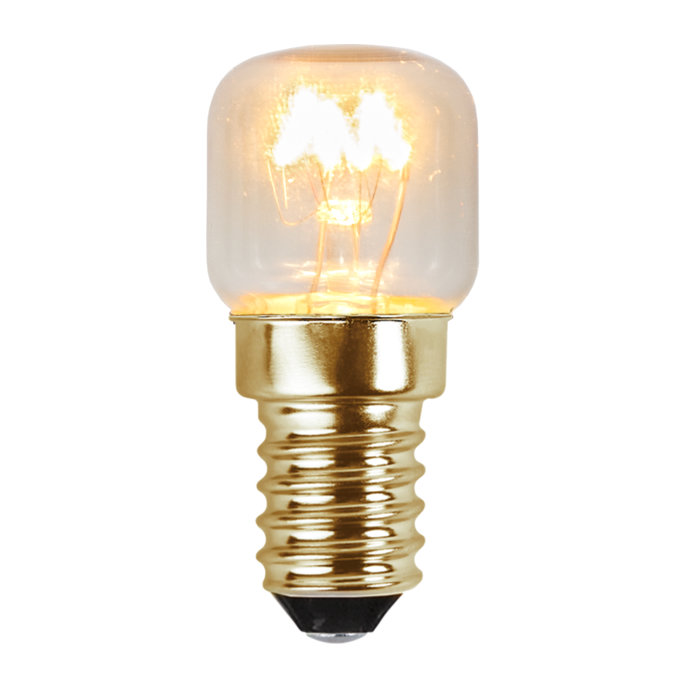 Żarówka LED E14 ST22 filament złota świecąca, kompaktowa forma z przyciemnianym kloszem i złotą oprawą, ciepłe światło dekoracyjne.