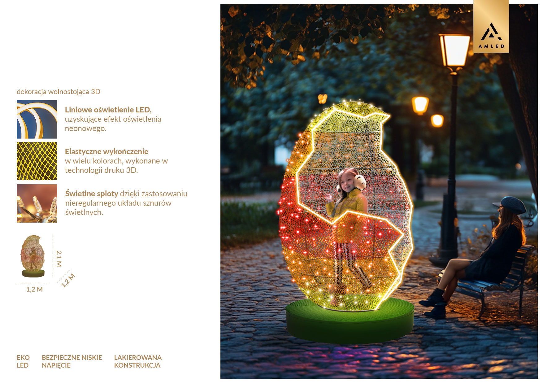 Infografika dekoracji wolnostojącej Kurczak 3D LED o wymiarach 2,1 m wysokości i 1,2 m szerokości, liniowe oświetlenie LED, elastyczne wykończenie w technologii druku 3D, świetlne sploty, bezpieczne niskie napięcie.