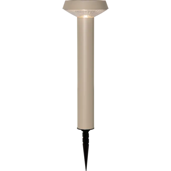 Beżowa solarna lampa ogrodowa LED w formie słupka z panelem słonecznym w górnej części, prezentowana na białym tle. Oświetlenie solarne do ogrodu, wzdłuż ścieżek, przy rabatach lub tarasie.