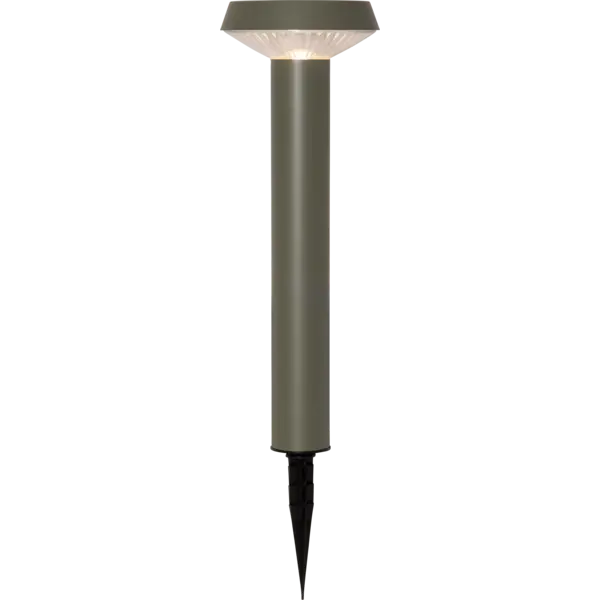 Zielona solarna lampa ogrodowa LED w formie słupka z panelem słonecznym w górnej części, prezentowana na białym tle. Oświetlenie solarne do ogrodu, wzdłuż ścieżek, przy rabatach lub tarasie.