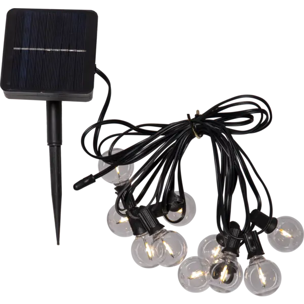 Solarna girlanda świetlna LED z panelem słonecznym na szpilce oraz przewodem z dekoracyjnymi żarówkami w przezroczystych kloszach. Oświetlenie solarne do ogrodu, na taras, balkon lub wzdłuż pergoli.