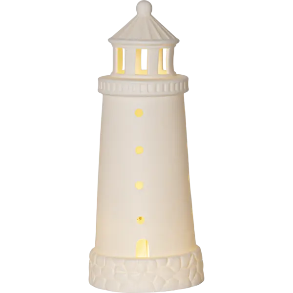 Biała porcelanowa latarnia morska LED emitująca ciepłe światło na białym tle jako dekoracja do wnętrz.