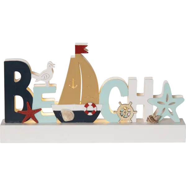 Drewniana dekoracja LED z napisem Beach z motywami morskimi łódki rozgwiazdy i muszli na białym tle.