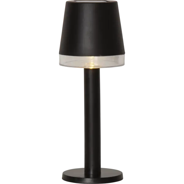 Solarna lampa stołowa LED w kolorze czarnym na neutralnym tle.