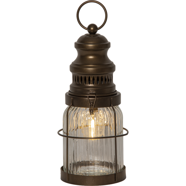 Lampa dekoracyjna w formie latarni wykonana z metalu i szkła, widok produktu na neutralnym tle, idealna jako stylowy element wyposażenia wnętrza.