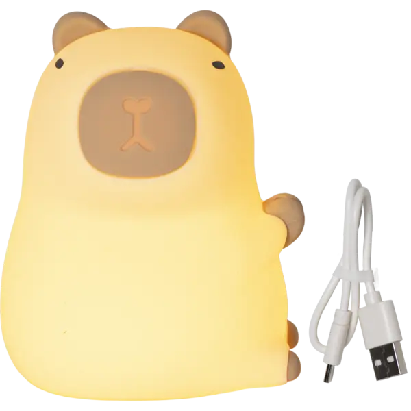 Lampka nocna kapibara z ciepłym światłem i kablem USB-C w zestawie.