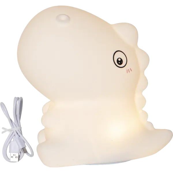 Lampka nocna dinozaur z dołączonym kablem USB-C, prezentowana na białym tle jako kompaktowe i funkcjonalne oświetlenie do pokoju dziecięcego.