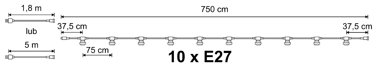 Schemat techniczny girlandy świetlnej z 10 oprawkami E27 o długości 7,5 m. Rozstaw żarówek co 75 cm, odcinki końcowe 37,5 cm oraz przewód zasilający 5 m, idealna do oświetlenia dekoracyjnego zewnętrznego.