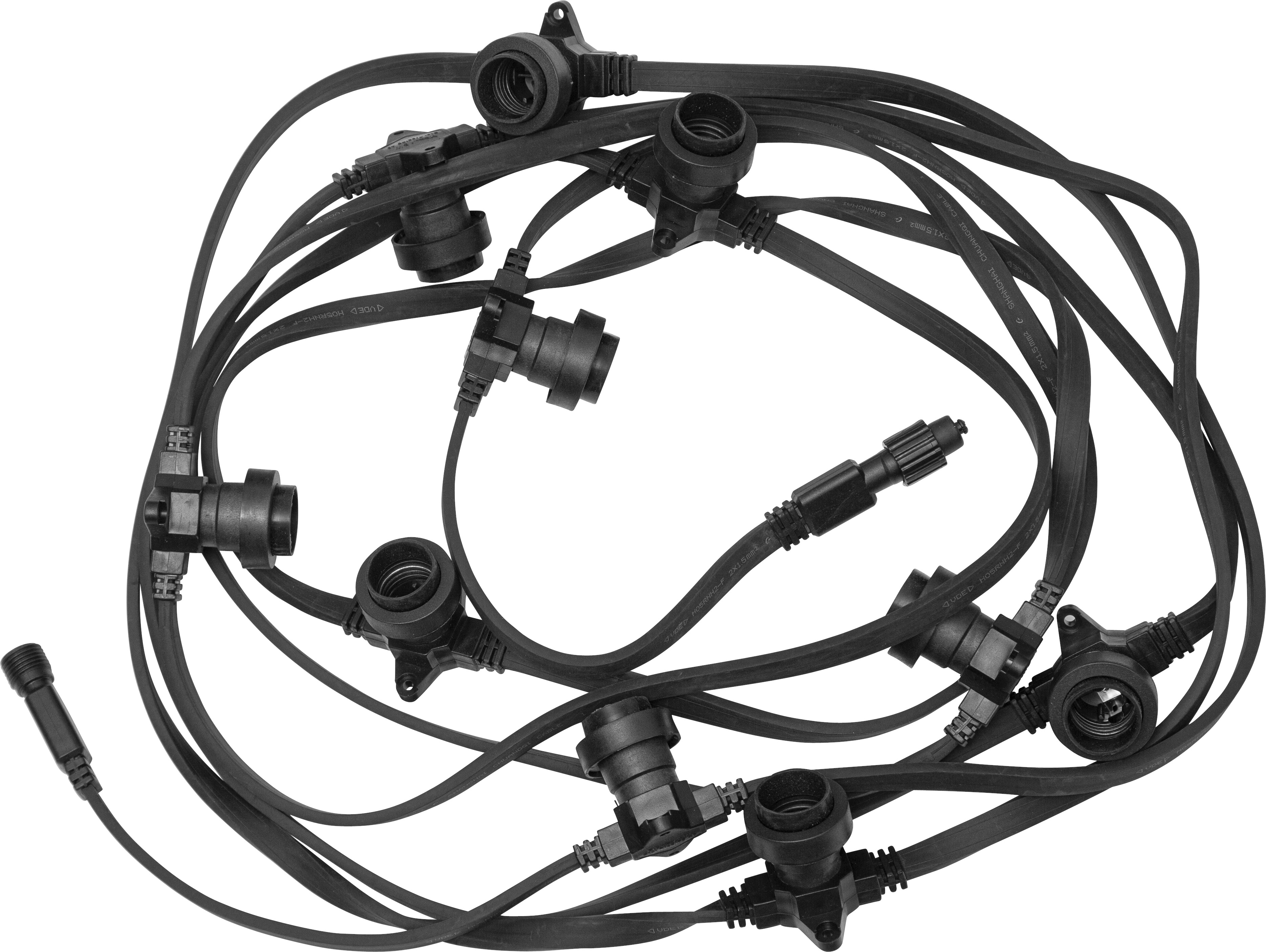 Profesjonalna girlanda CONNECTA z oprawkami E27 na czarnym przewodzie. System modułowy umożliwiający łączenie odcinków, idealny do instalacji oświetlenia zewnętrznego i eventowego.