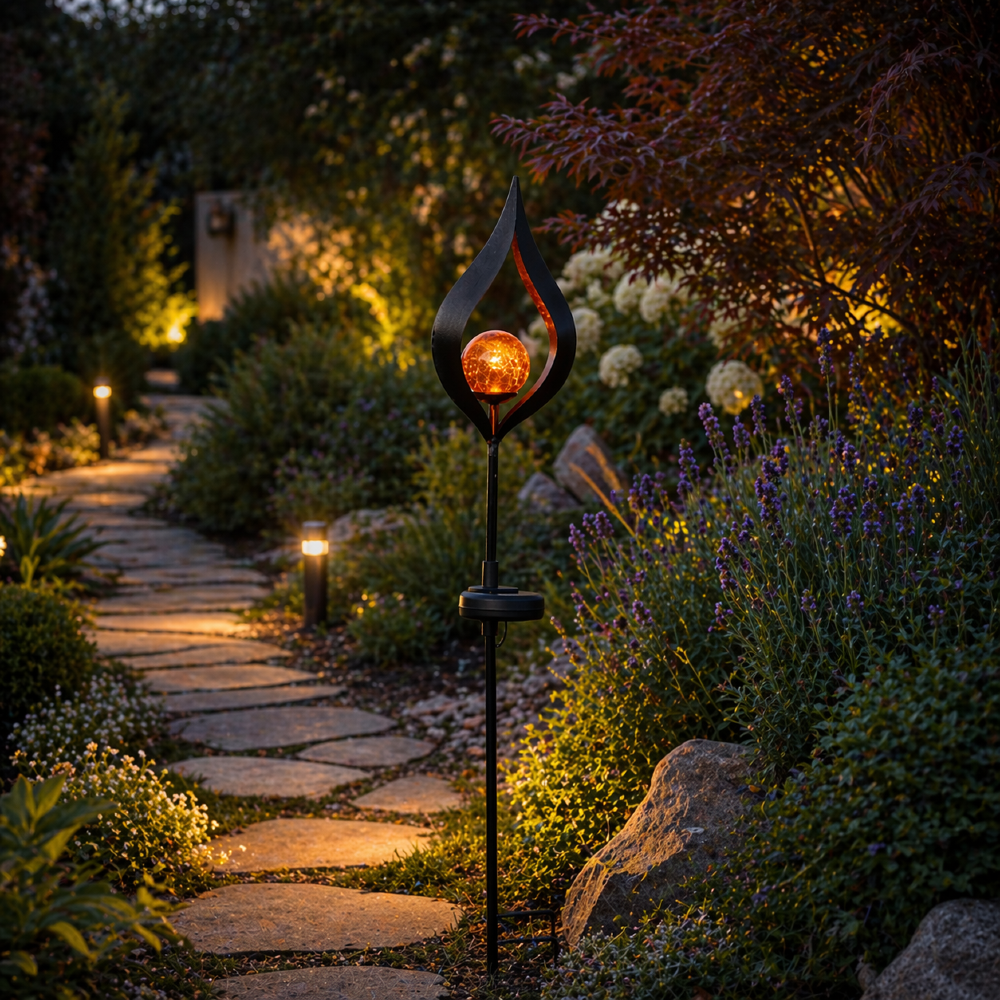Stylowa lampa solarna LED przy ogrodowej ścieżce, subtelnie oświetlająca rośliny i kamienie. Ciepła barwa światła buduje przytulną atmosferę idealną na wieczorny relaks.