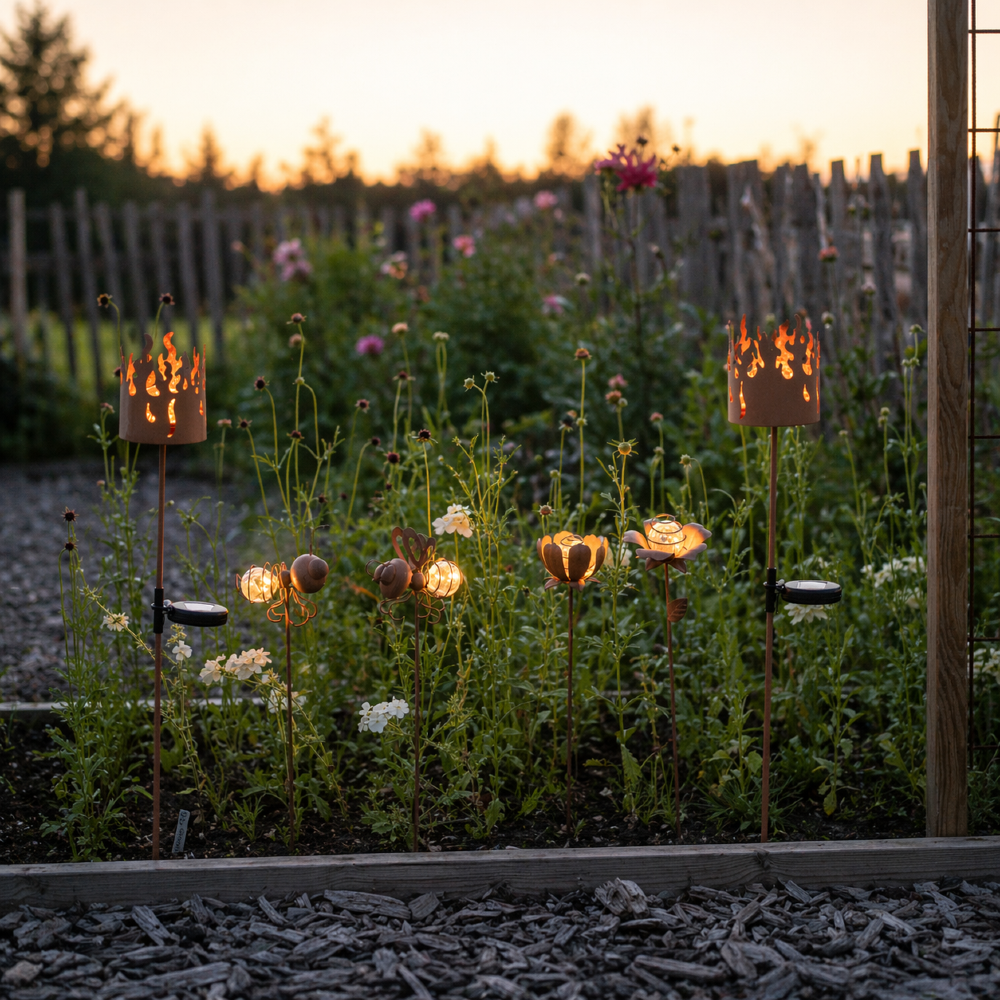 Solarna dekoracja ogrodowa LED na szpikulcu z metalową osłoną w kształcie płomieni, pokazana w aranżacji z innymi ozdobami. Ciepłe światło tworzy spójny, przytulny klimat i podkreśla charakter wieczornego ogrodu.