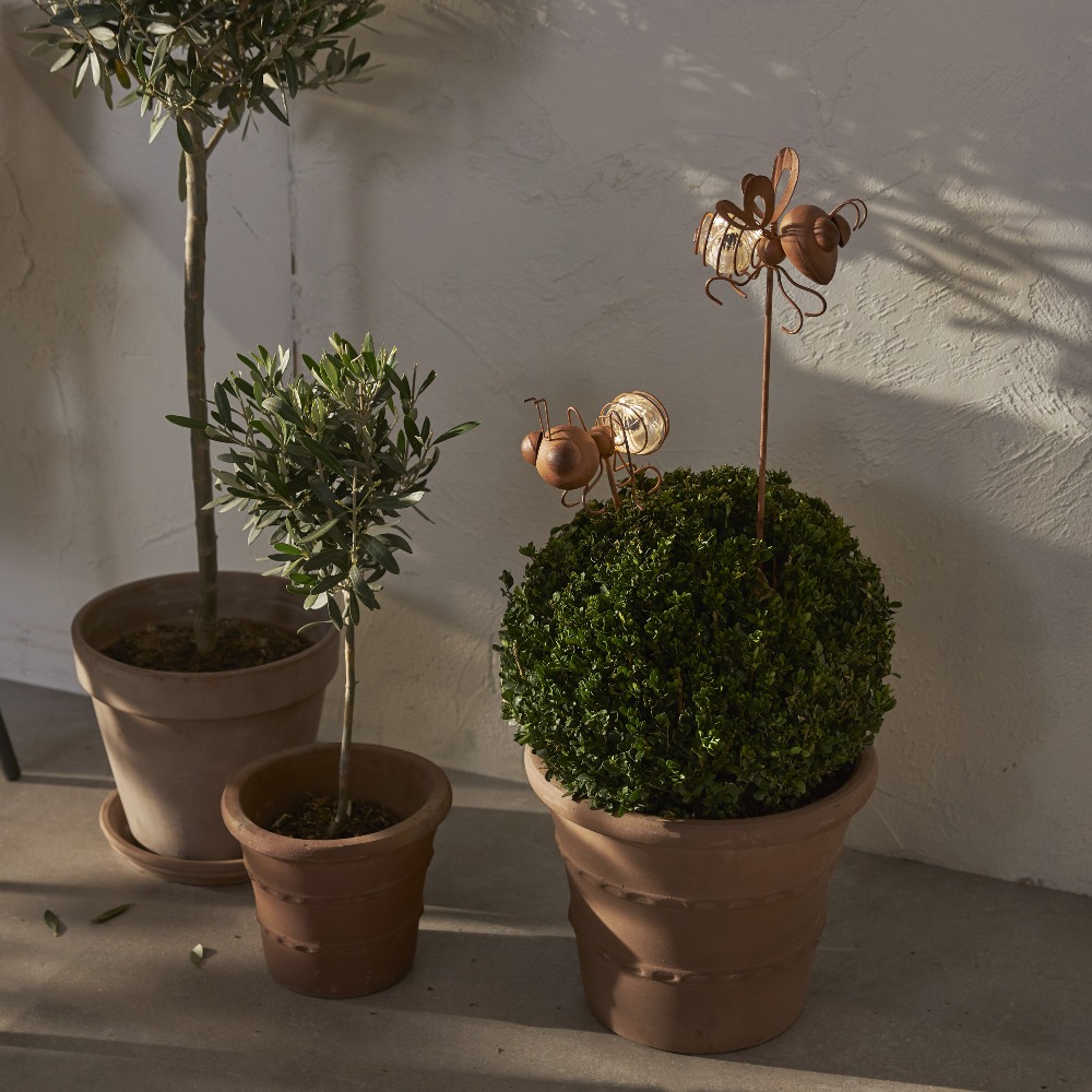 Dwie solarne dekoracje ogrodowe w kształcie muchy i mrówki umieszczone w donicy z rośliną. Subtelne światło i metalowa forma tworzą oryginalny, dekoracyjny akcent na tarasie lub balkonie.