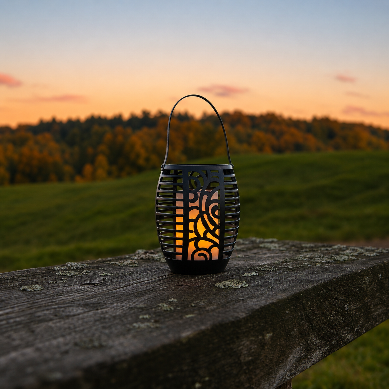 Solarna lampa ogrodowa LED z efektem płomienia ustawiona na drewnianej barierce o zachodzie słońca.