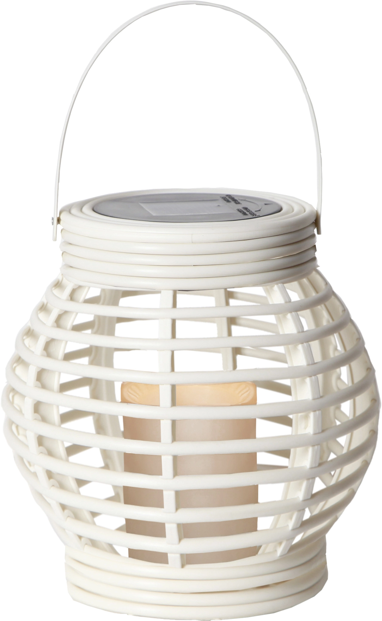 Biały lampion solarny LED z uchwytem do zawieszenia na jasnym tle.