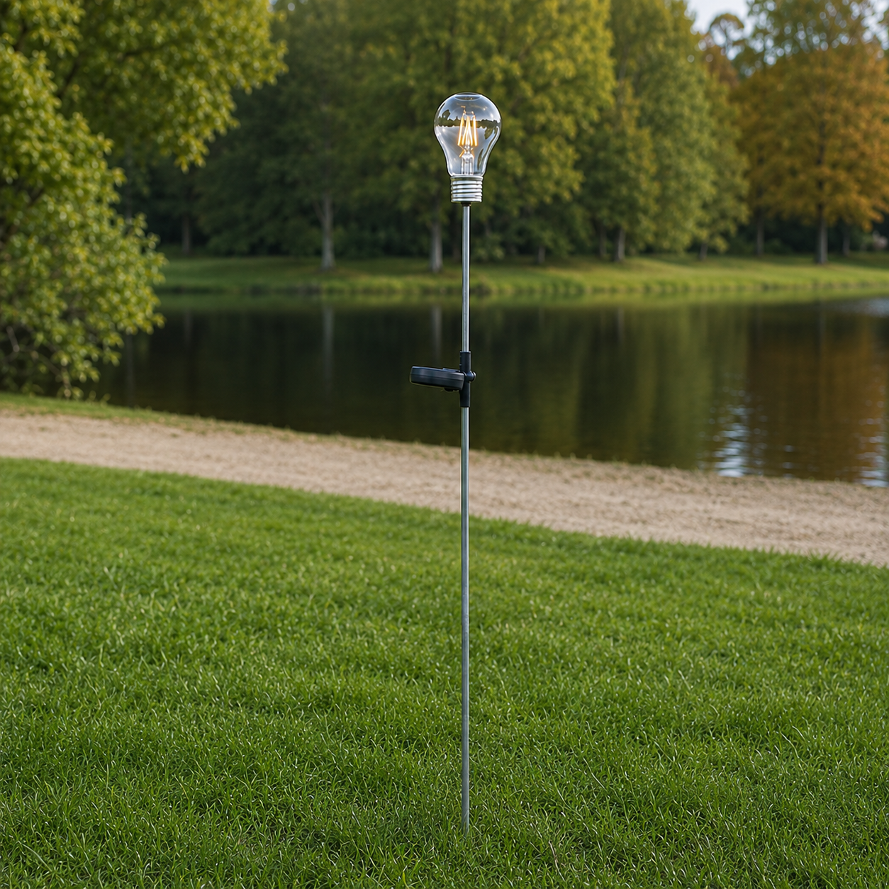 Solarna lampa LED w formie żarówki Edison ustawiona w zielonym ogrodzie, dekoracyjne oświetlenie zewnętrzne z ciepłym światłem do rabat i trawnika.